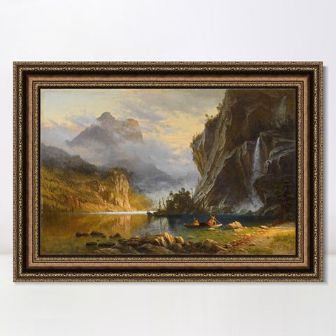INVIN ART Framed Canvas Art Giclee Print A boat with lake and mountain#2 by Albert Bierstadt Wall Art Living Room Home Office Decorations