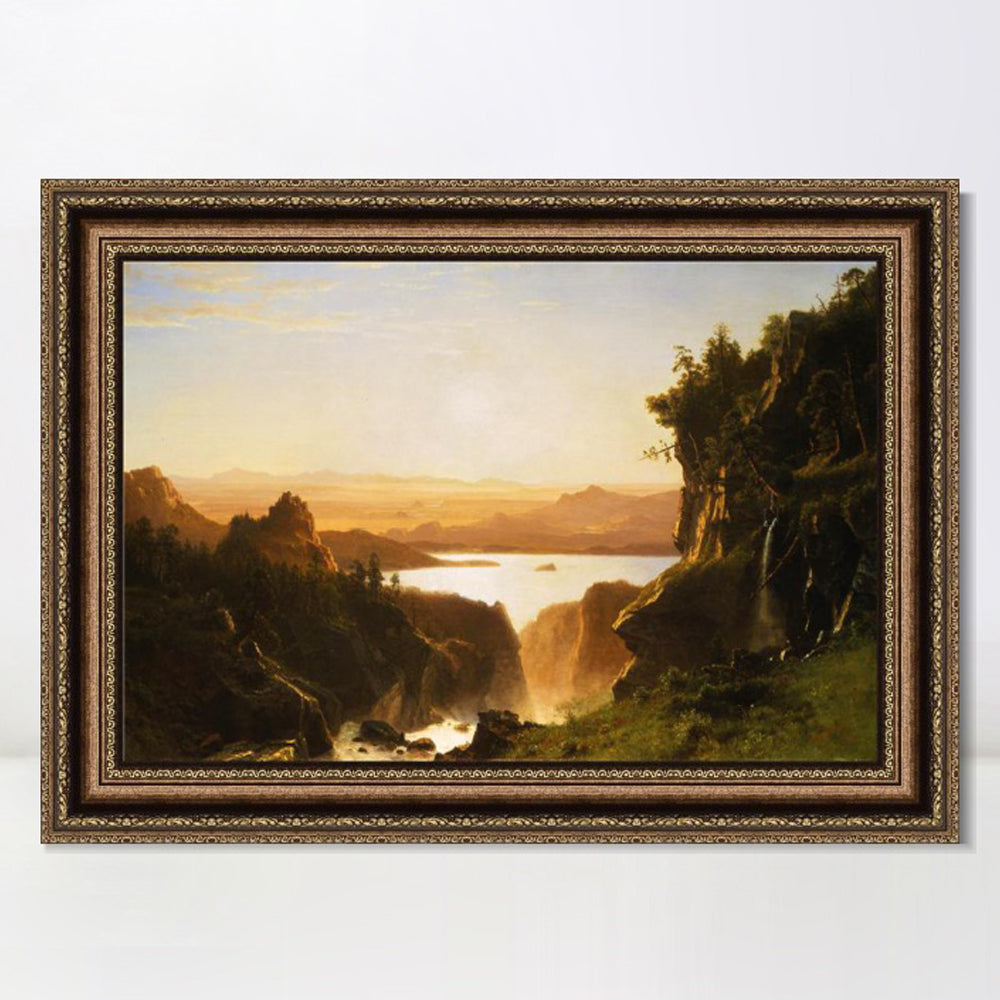 INVIN ART Framed Canvas Art Giclee Print Golden light shining to the lake by Albert Bierstadt Wall Art