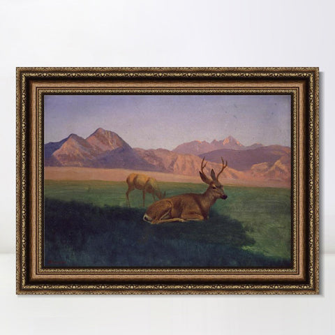 INVIN ART Framed Canvas Art Giclee Print Deer by the lake by Albert Bierstadt Wall Art Living Room Home Office Decorations