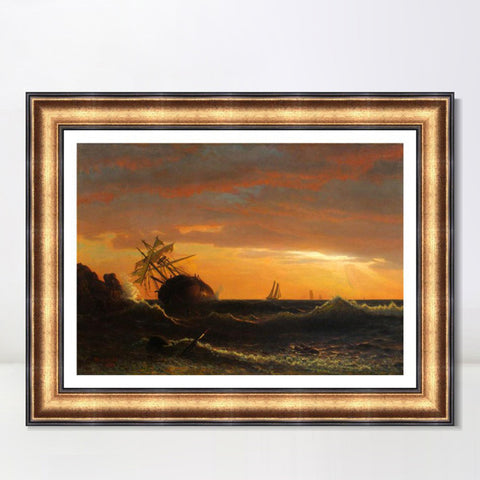 INVIN ART Framed Canvas Art Giclee Print Boat in sunset by Albert Bierstadt Wall Art Living Room Home Office Decorations