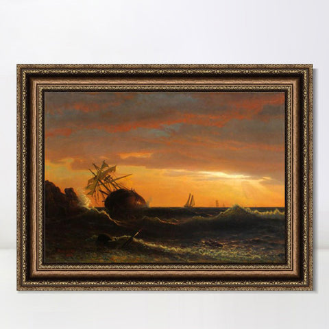 INVIN ART Framed Canvas Art Giclee Print Boat in sunset by Albert Bierstadt Wall Art Living Room Home Office Decorations