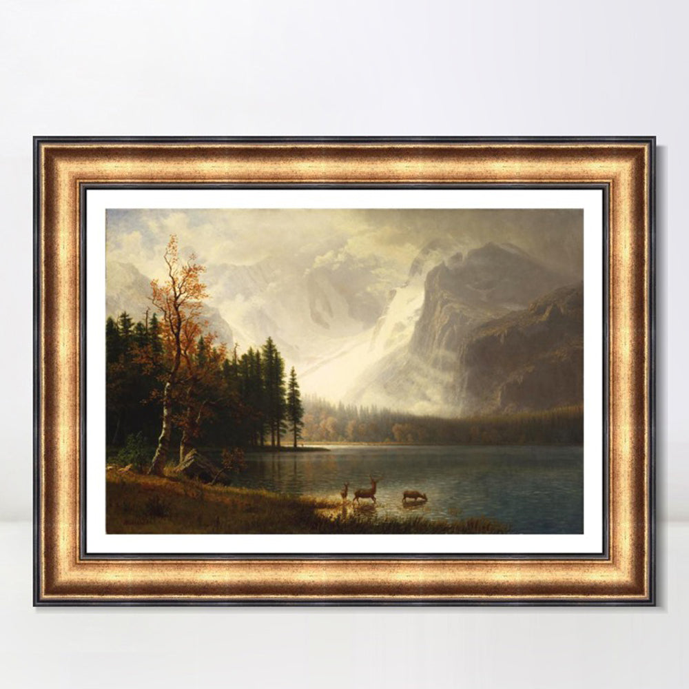 INVIN ART Framed Canvas Art Giclee Print Deer by the lake#2 by Albert Bierstadt Wall Art