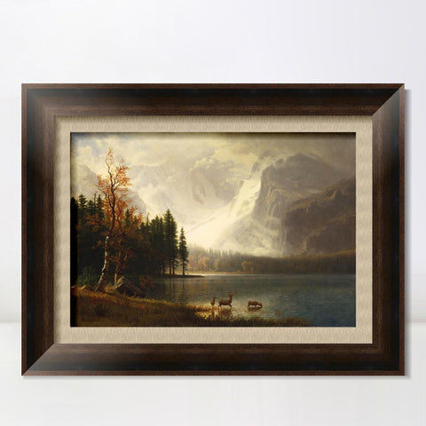 INVIN ART Framed Canvas Art Giclee Print Deer by the lake#2 by Albert Bierstadt Wall Art Living Room Home Office Decorations