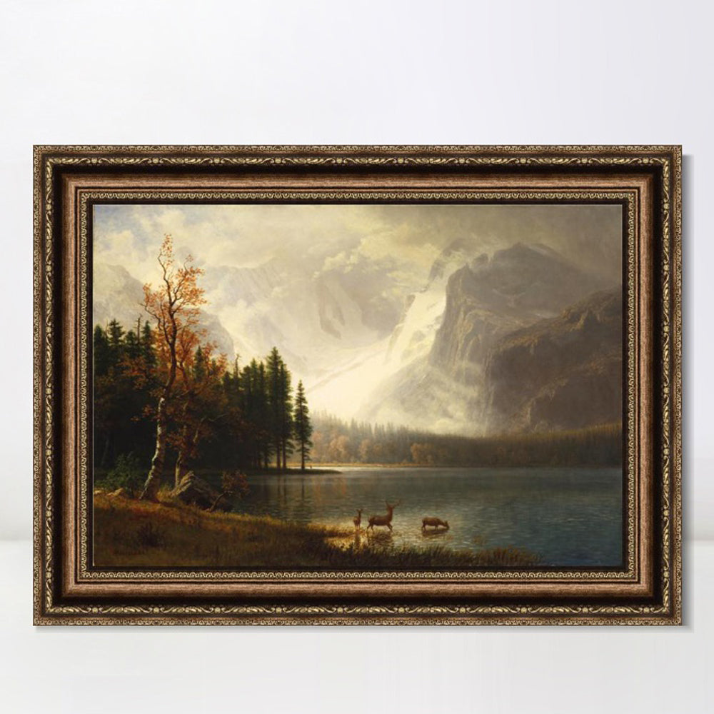 INVIN ART Framed Canvas Art Giclee Print Deer by the lake#2 by Albert Bierstadt Wall Art