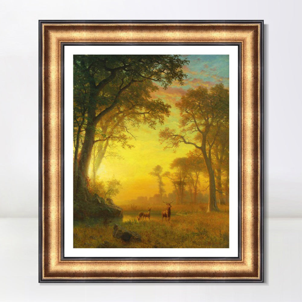 INVIN ART Framed Canvas Art Giclee Print Sunset, Deer, and River by Albert Bierstadt Wall Art