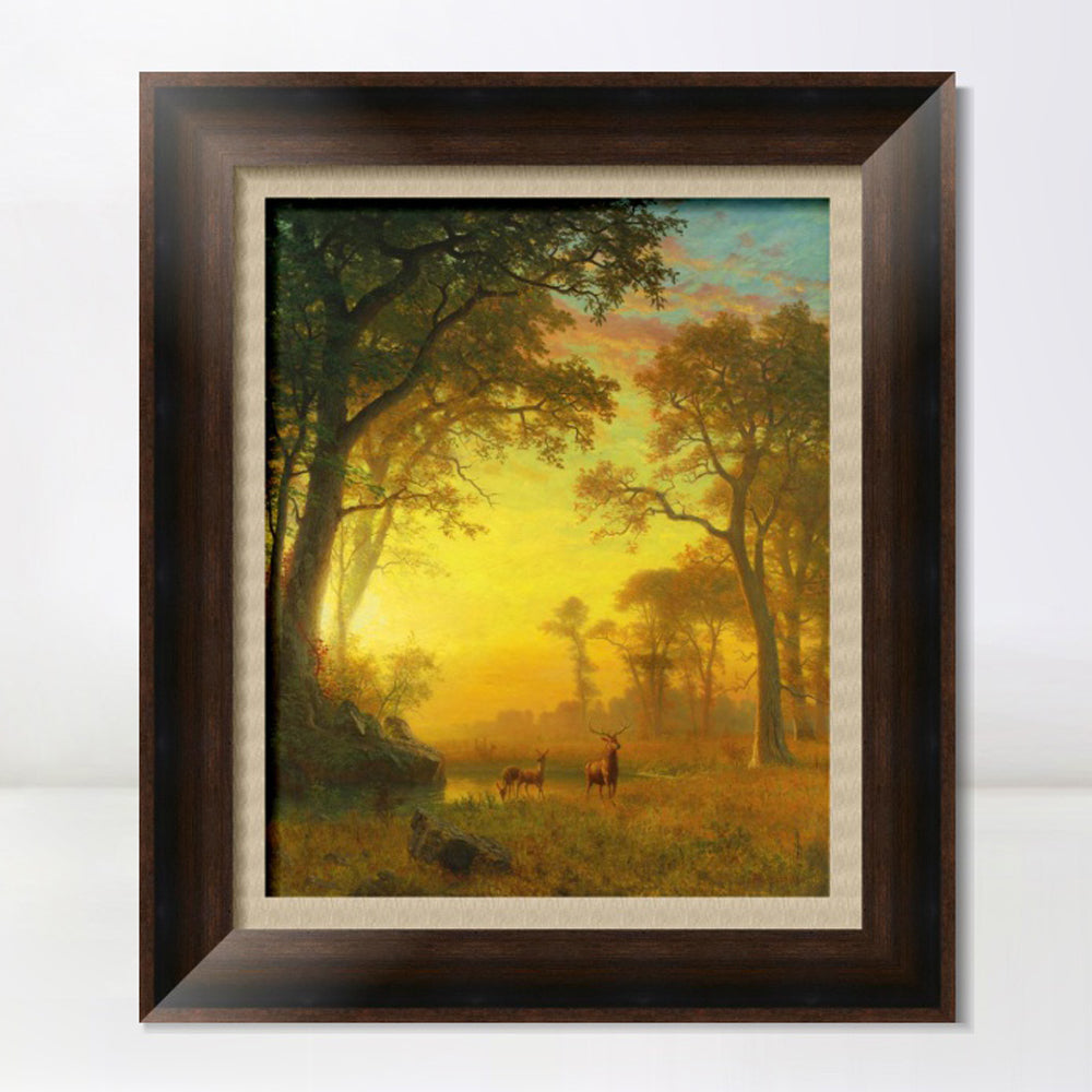 INVIN ART Framed Canvas Art Giclee Print Sunset, Deer, and River by Albert Bierstadt Wall Art