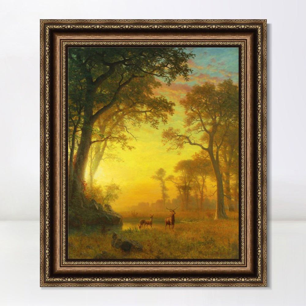 INVIN ART Framed Canvas Art Giclee Print Sunset, Deer, and River by Albert Bierstadt Wall Art