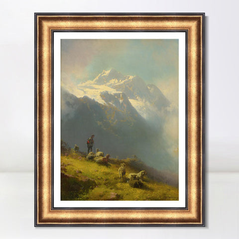 INVIN ART Framed Canvas Art Giclee Print Goatherd and goat under the mountain by Albert Bierstadt Wall Art Living Room Home Office Decorations