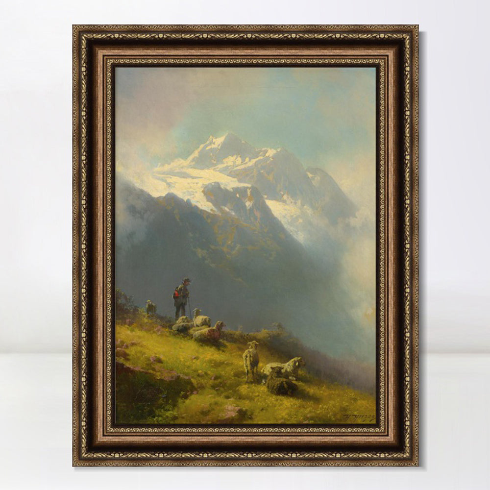 INVIN ART Framed Canvas Art Giclee Print Goatherd and goat under the mountain by Albert Bierstadt Wall Art