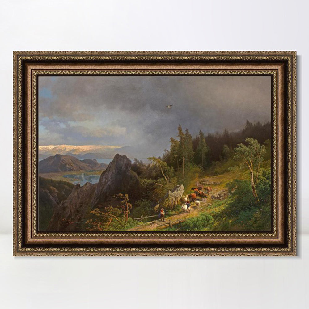 INVIN ART Framed Canvas Art Giclee Print Cattle and sheep on the hillside by Albert Bierstadt Wall Art