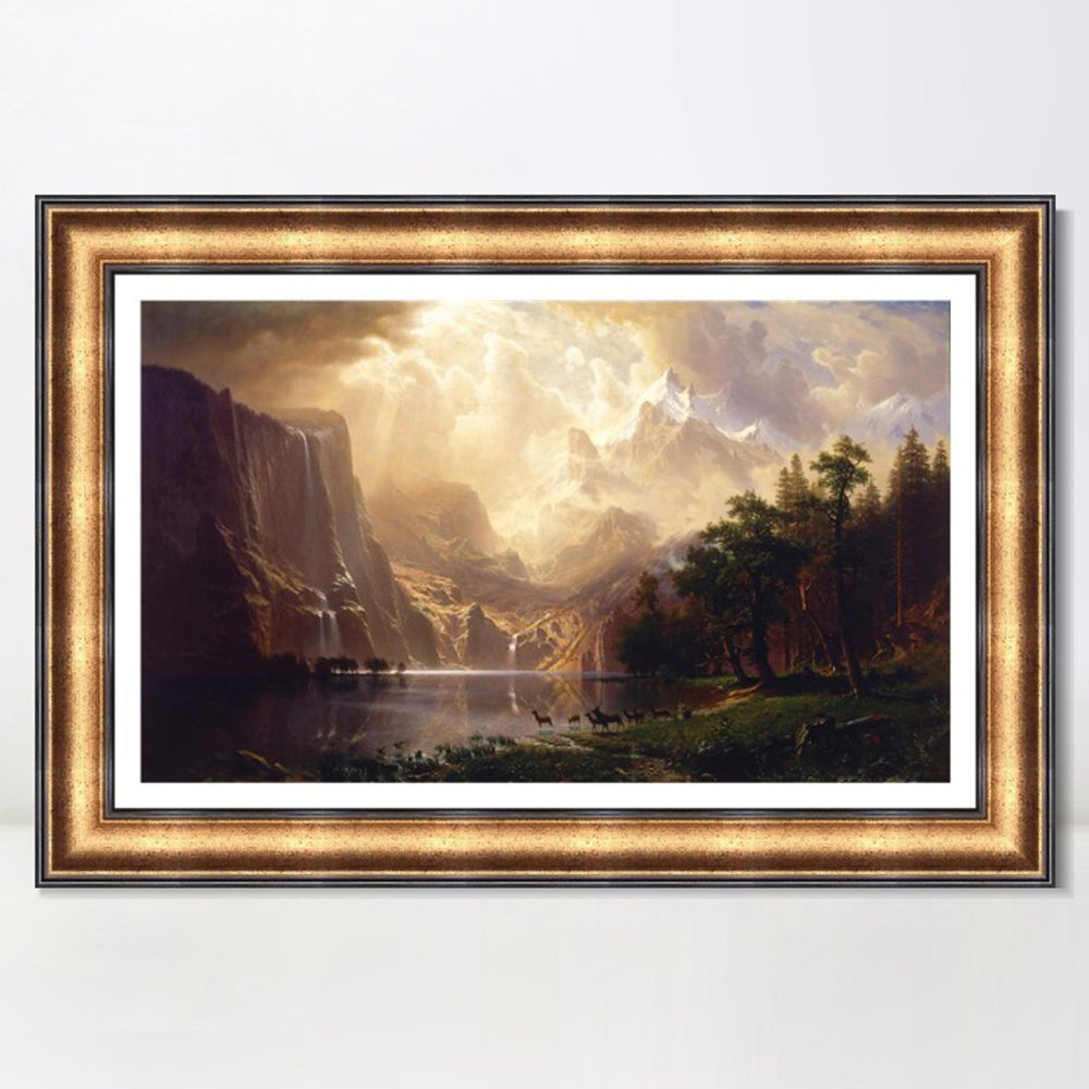 INVIN ART Framed Canvas Art Giclee Print Lake, Mountain, Waterfall, Animals by Albert Bierstadt Wall Art