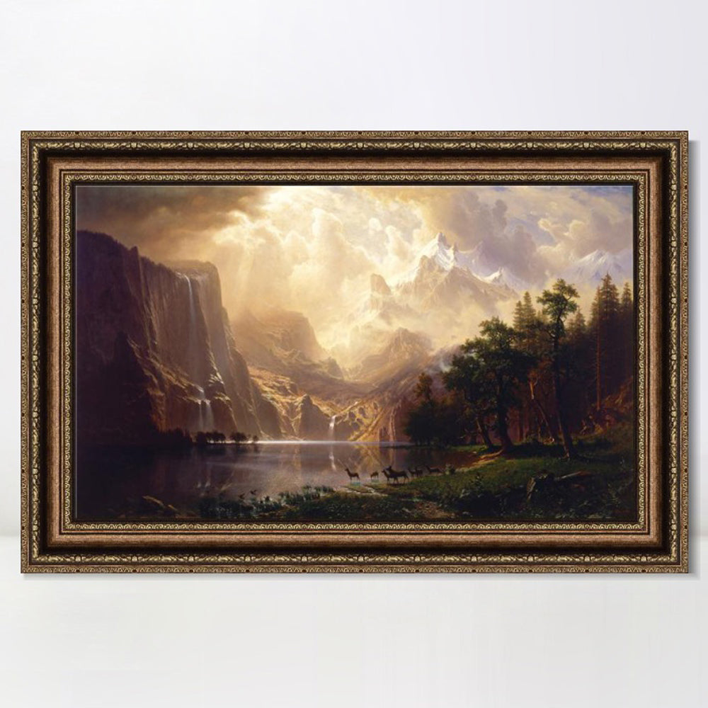 INVIN ART Framed Canvas Art Giclee Print Lake, Mountain, Waterfall, Animals by Albert Bierstadt Wall Art
