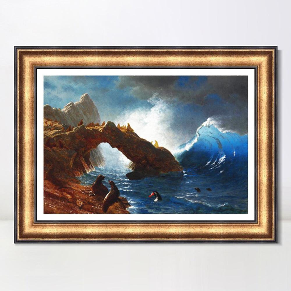 INVIN ART Framed Canvas Art Giclee Print Ses Lion and Waves by Albert Bierstadt Wall Art