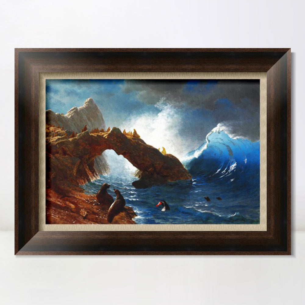 INVIN ART Framed Canvas Art Giclee Print Ses Lion and Waves by Albert Bierstadt Wall Art