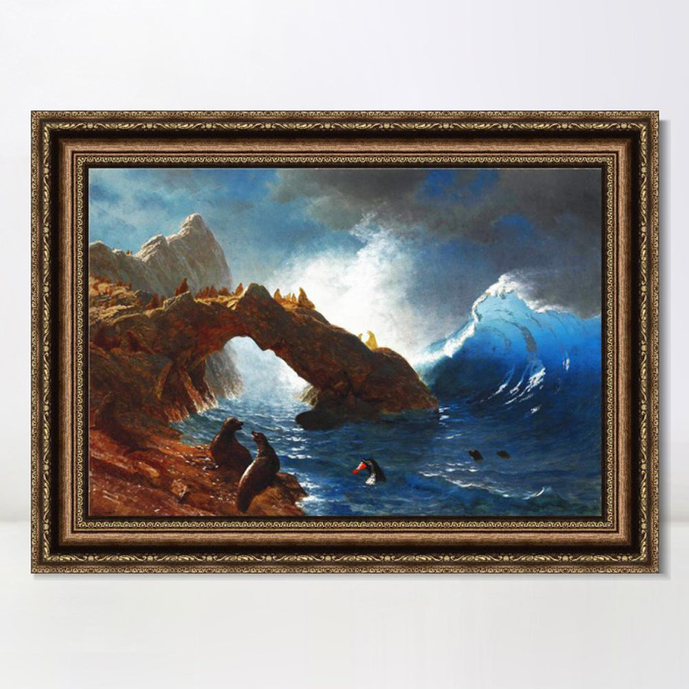 INVIN ART Framed Canvas Art Giclee Print Ses Lion and Waves by Albert Bierstadt Wall Art