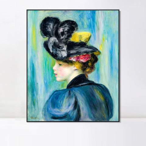 INVIN ART Framed Canvas JEUNE FEMME AU CHAPEAU NOIR by Pierre Auguste Renoir Wall Art Living Room Home Office Decorations