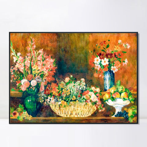 INVIN ART Framed Canvas Still Life with Flowers and Fruit by Pierre Auguste Renoir Wall Art Living Room Home Office Decorations