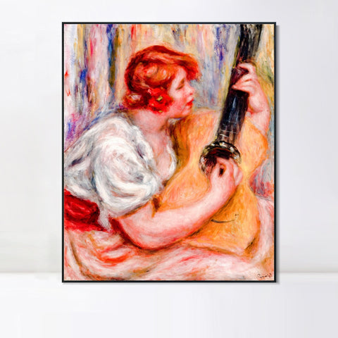 INVIN ART Framed Canvas Woman with a Guitar by Pierre Auguste Renoir Wall Art Living Room Home Office Decorations