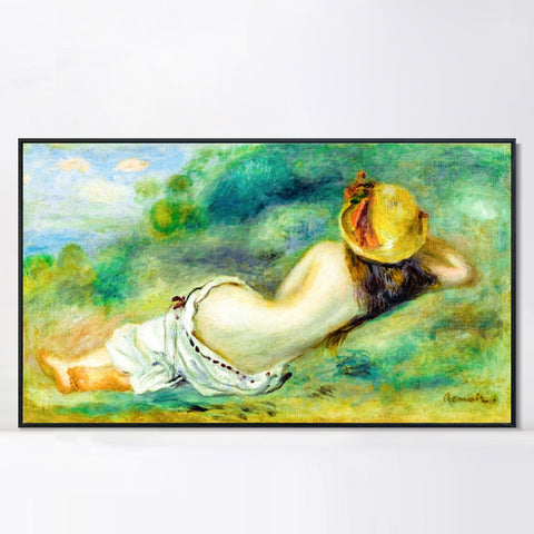 INVIN ART Framed Canvas BAIGNEUSE ALLONGEE DE DOS AVEC UN CHAPEAU DE PAILLE OR FEMME COUCHEE SUR L'HERBE by Pierre Auguste Renoir Wall Art Living Room Home Office Decorations