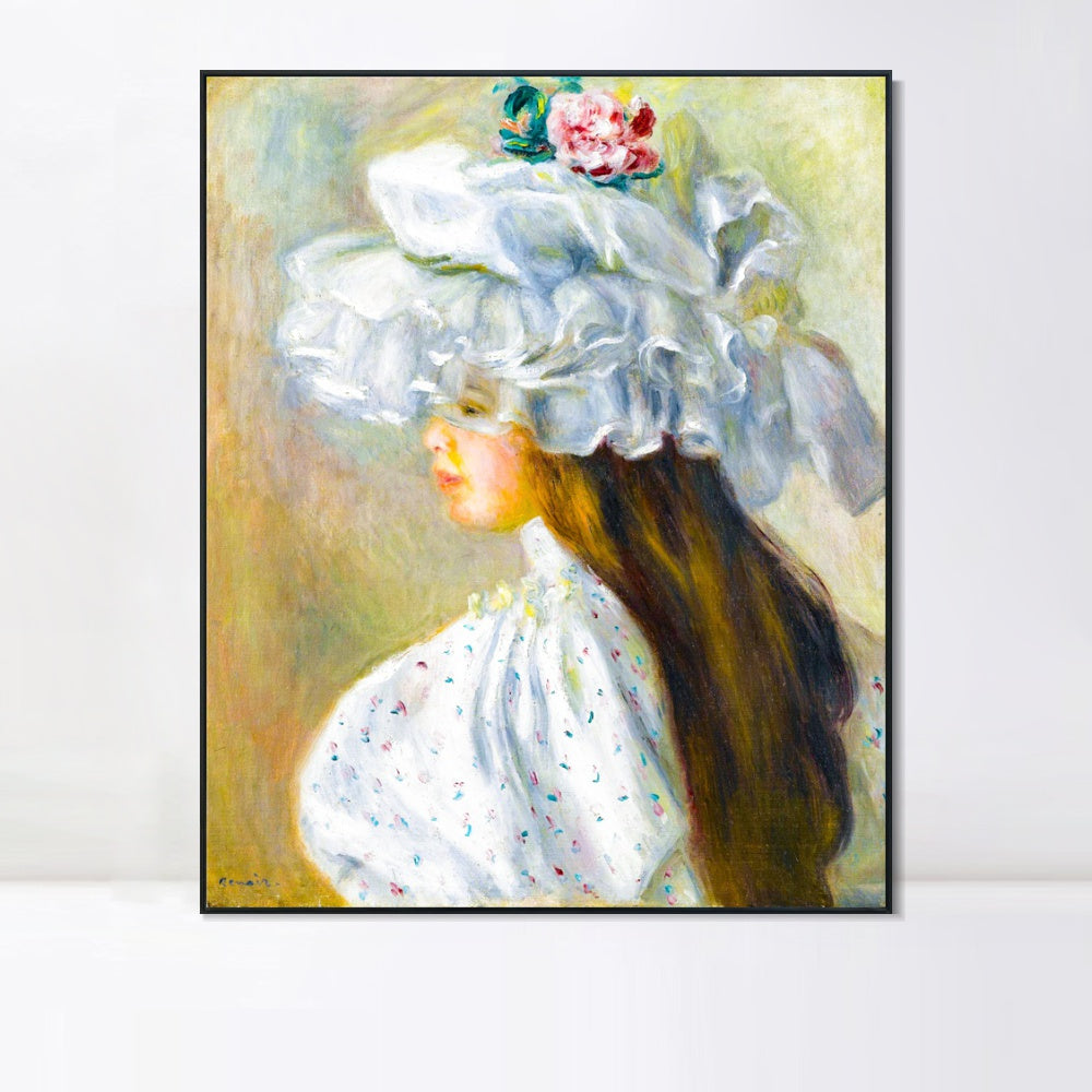 INVIN ART Framed Canvas FEMME AU CHAPEAU BLANC by Pierre Auguste Renoir Wall Art Living Room Home Office Decorations