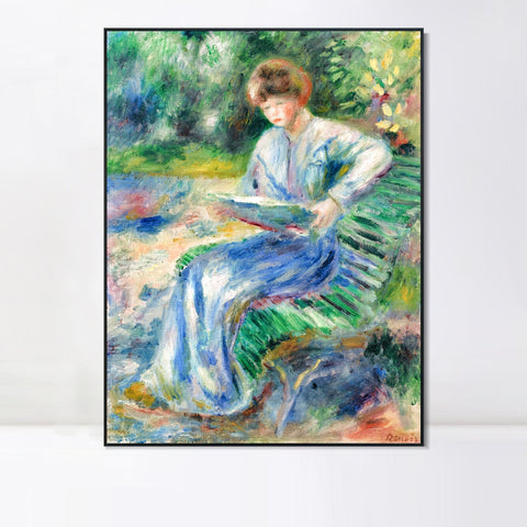 INVIN ART Framed Canvas FEMME LISANT SUR UN BANC by Pierre Auguste Renoir Wall Art Living Room Home Office Decorations