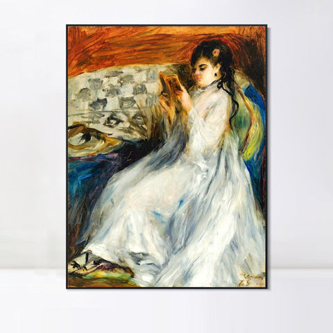 INVIN ART Framed Canvas JEUNE FEMME EN BLANC LISANT by Pierre Auguste Renoir Wall Art Living Room Home Office Decorations