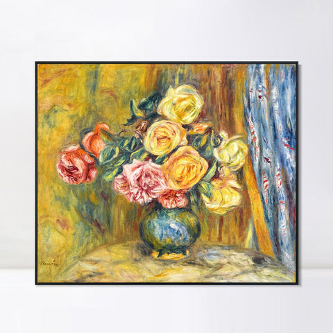 INVIN ART Framed Canvas LES ROSES AU RIDEAU BLEU by Pierre Auguste Renoir Wall Art Living Room Home Office Decorations