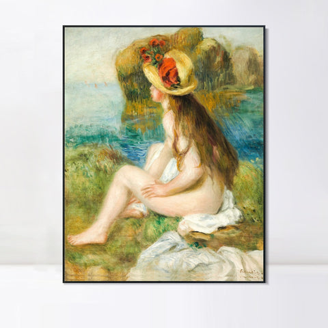 INVIN ART Framed Canvas NU AU CHAPEAU DE PAILLE ASSIS EN BORDURE DE MER by Pierre Auguste Renoir Wall Art Living Room Home Office Decorations