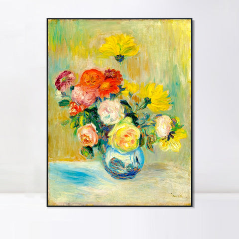 INVIN ART Framed Canvas VASE DE ROSES ET DAHLIAS by Pierre Auguste Renoir Wall Art Living Room Home Office Decorations