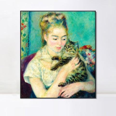 INVIN ART Framed Canvas Woman with a Cat by Pierre Auguste Renoir Wall Art Living Room Home Office Decorations