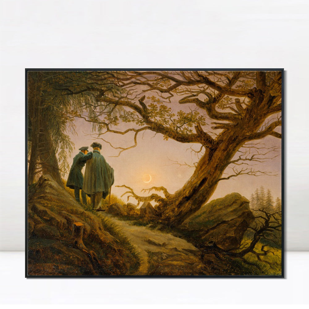 INVIN ART Framed Canvas Two Men Contemplating The Moon by Caspar David Friedrich Wall Art Living Room Home Office Decorations