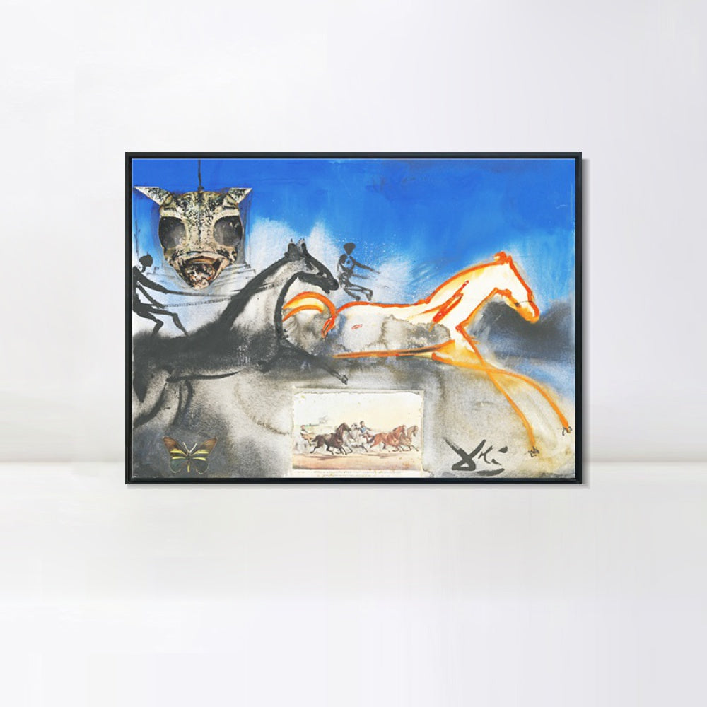 INVIN ART Framed Canvas American Trotting Horses No. 2 (Currier And Ives) 1971 by Salvador Dal Wall Art Living Room Home Office Decorations