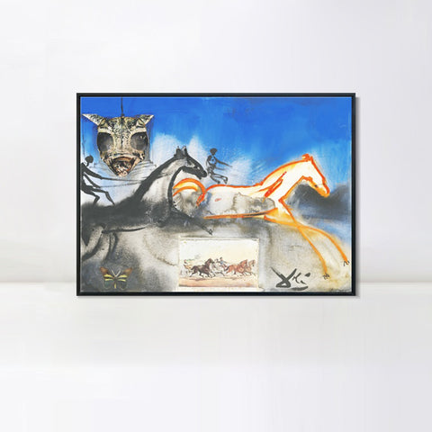 INVIN ART Framed Canvas American Trotting Horses No. 2 (Currier And Ives) 1971 by Salvador Dal Wall Art Living Room Home Office Decorations