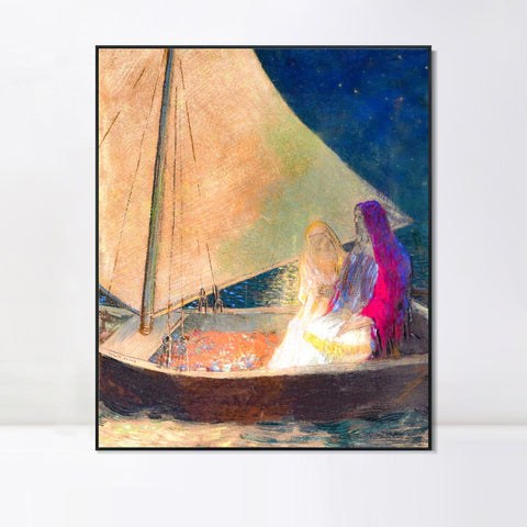 INVIN ART Framed Canvas Boat with Two Figures by Odilon Redon Wall Art Living Room Home Office Decorations