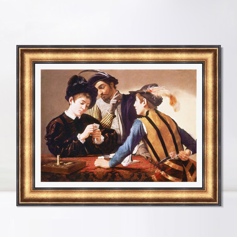 INVIN ART Framed Canvas Art Giclee Print The Cardsharps by Michelangelo Merisi da Caravaggio Wall Art