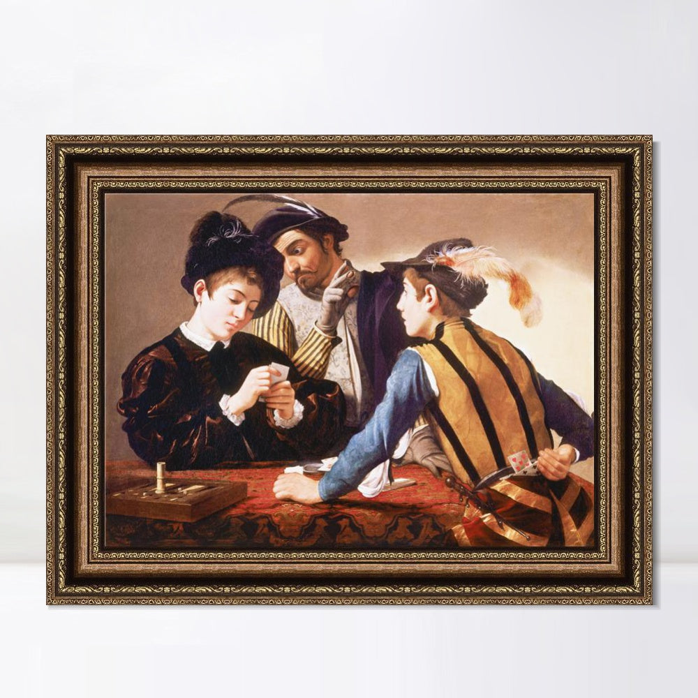 INVIN ART Framed Canvas Art Giclee Print The Cardsharps by Michelangelo Merisi da Caravaggio Wall Art