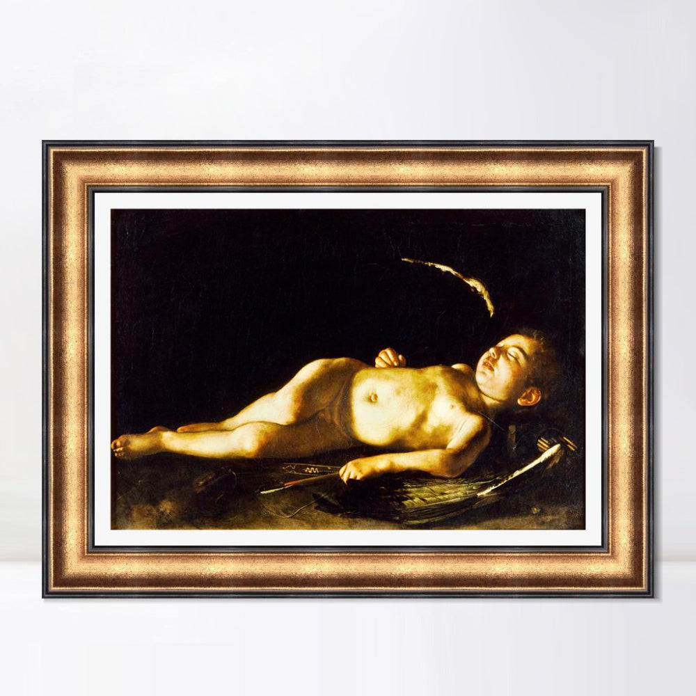 INVIN ART Framed Canvas Art Giclee Print Sleeping Cupid by Michelangelo Merisi da Caravaggio Wall Art