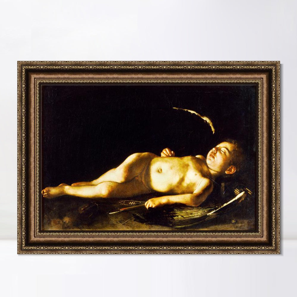 INVIN ART Framed Canvas Art Giclee Print Sleeping Cupid by Michelangelo Merisi da Caravaggio Wall Art
