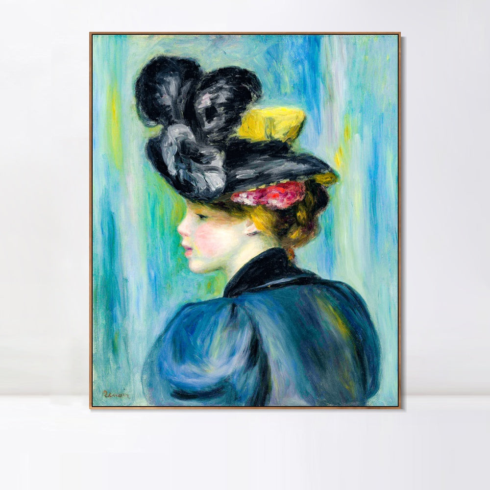 INVIN ART Framed Canvas JEUNE FEMME AU CHAPEAU NOIR by Pierre Auguste Renoir Wall Art Living Room Home Office Decorations