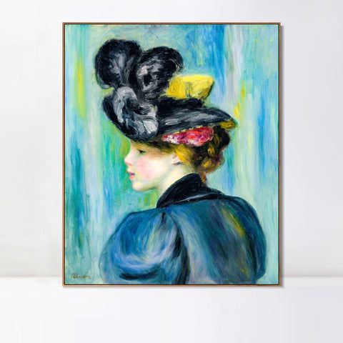 INVIN ART Framed Canvas JEUNE FEMME AU CHAPEAU NOIR by Pierre Auguste Renoir Wall Art Living Room Home Office Decorations