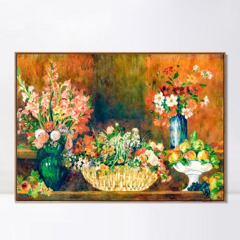 INVIN ART Framed Canvas Still Life with Flowers and Fruit by Pierre Auguste Renoir Wall Art Living Room Home Office Decorations