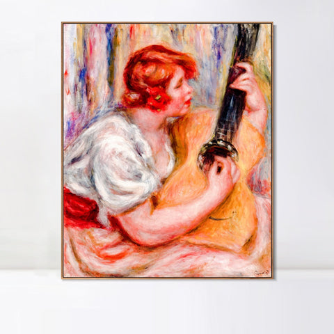 INVIN ART Framed Canvas Woman with a Guitar by Pierre Auguste Renoir Wall Art Living Room Home Office Decorations