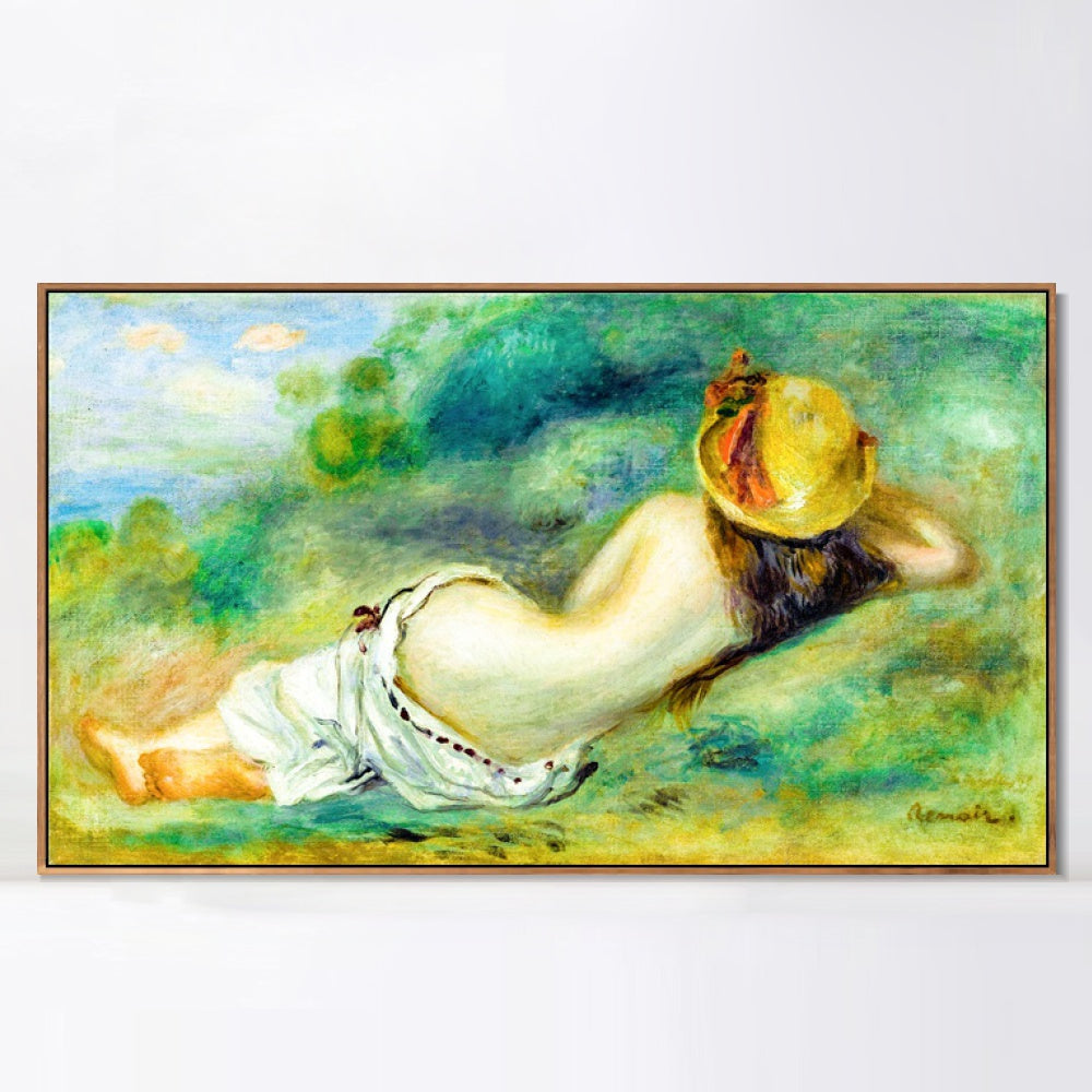 INVIN ART Framed Canvas BAIGNEUSE ALLONGEE DE DOS AVEC UN CHAPEAU DE PAILLE OR FEMME COUCHEE SUR L'HERBE by Pierre Auguste Renoir Wall Art Living Room Home Office Decorations