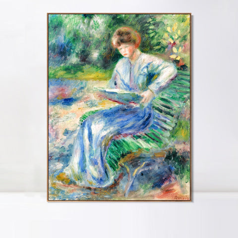 INVIN ART Framed Canvas FEMME LISANT SUR UN BANC by Pierre Auguste Renoir Wall Art Living Room Home Office Decorations