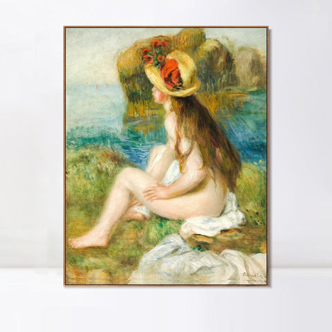 INVIN ART Framed Canvas NU AU CHAPEAU DE PAILLE ASSIS EN BORDURE DE MER by Pierre Auguste Renoir Wall Art Living Room Home Office Decorations