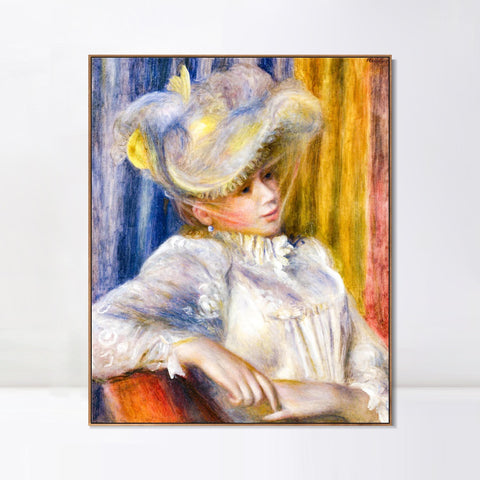 INVIN ART Framed Canvas Woman with a Hat by Pierre Auguste Renoir Wall Art Living Room Home Office Decorations