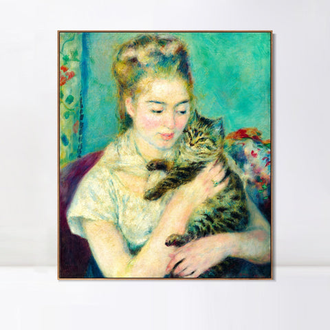 INVIN ART Framed Canvas Woman with a Cat by Pierre Auguste Renoir Wall Art Living Room Home Office Decorations
