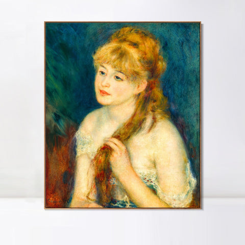 INVIN ART Framed Canvas Young Woman Braiding Her Hair by Pierre Auguste Renoir Wall Art Living Room Home Office Decorations