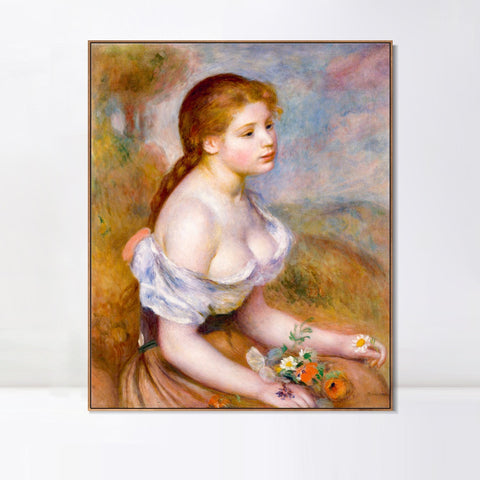 INVIN ART Framed Canvas A Young Girl with Daisies by Pierre Auguste Renoir Wall Art Living Room Home Office Decorations