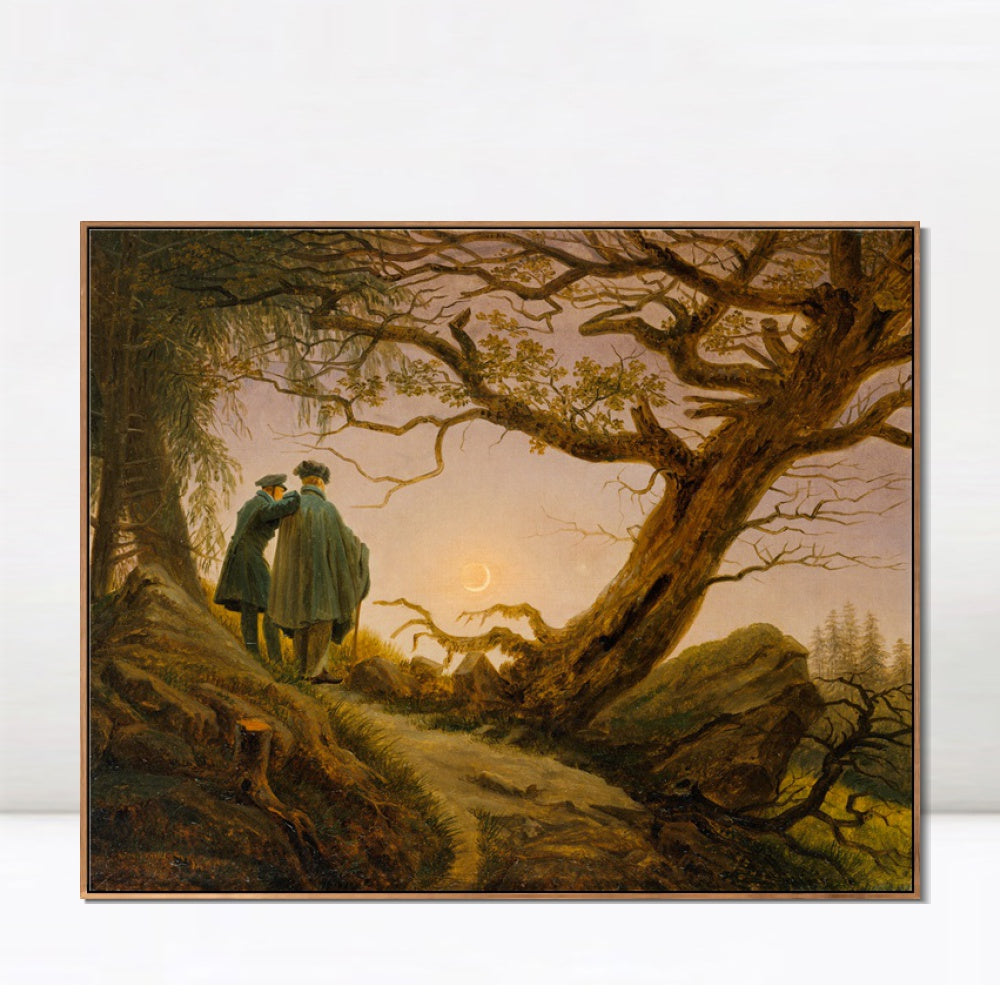 INVIN ART Framed Canvas Two Men Contemplating The Moon by Caspar David Friedrich Wall Art Living Room Home Office Decorations